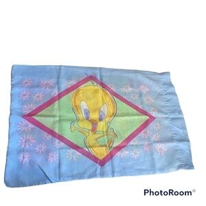 Vintage Tweety Bird Pillow Case Blue Warner Bros Blue Green Yellow